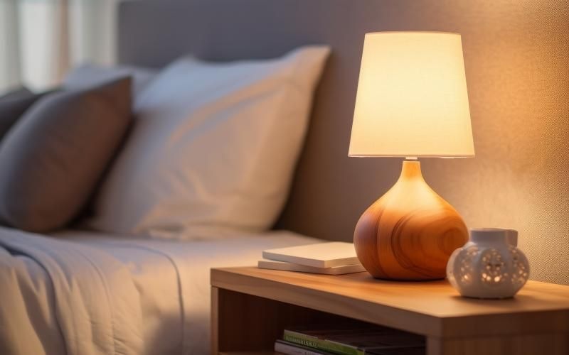 Bedside table with a lamp and candle at Sevens luxury apartments in Mountain View, CA